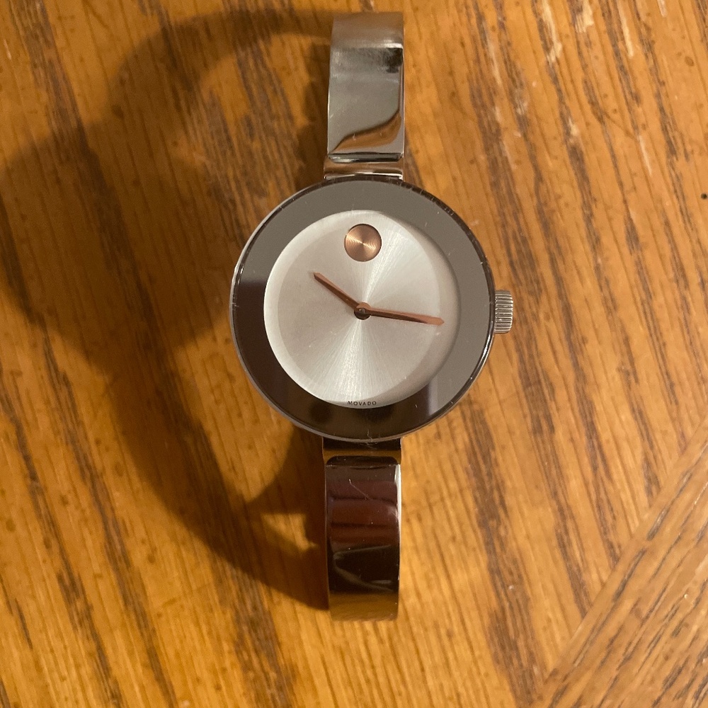Movado Bold Silver and Rose Gold Bangle Women’s Watch